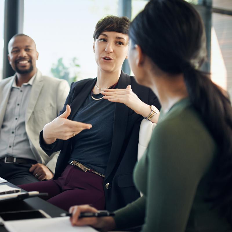 Frau im Meeting erklärt Mitarbeitern etwas