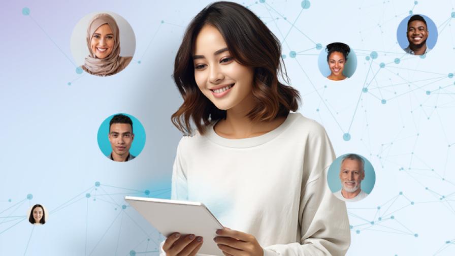 Junge Frau nutzt ein Tablet, umgeben von Gesichtern verschiedener Menschen, verbunden durch ein Netzwerk aus Linien