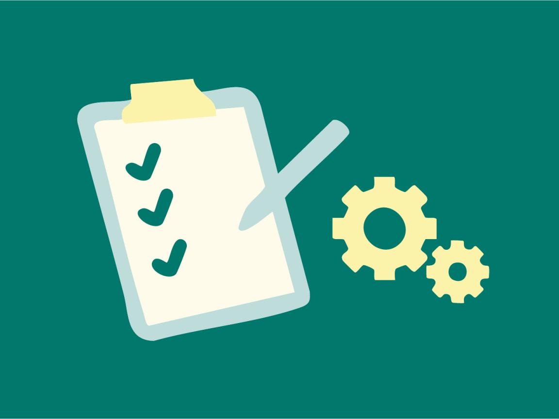 Zeichnung von einem Klemmbrett mit Häkchen, Stift und Zahnräder